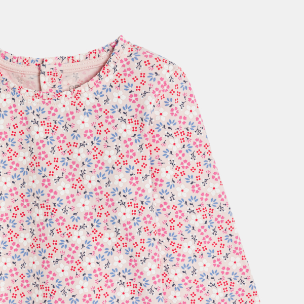 تيشيرت قطن واسع مضلع بطبعة الزهور باللون الوردي للفتيات الصغيرات